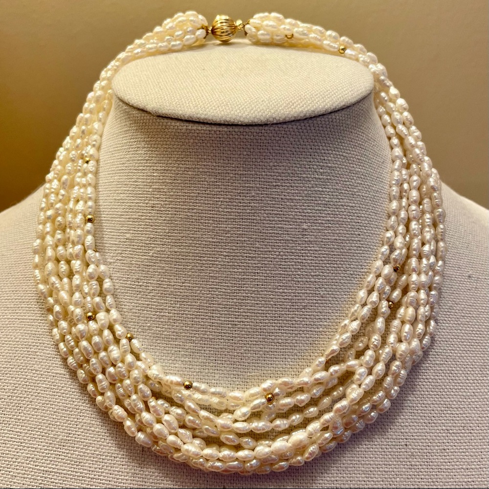 Natural Rice Pearls 10 Strands 14K (585) Clasps and Beads 18” and >1” wide 75grm